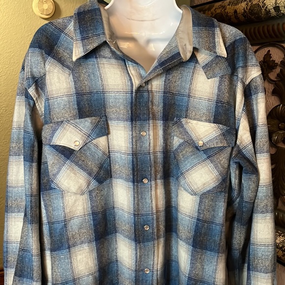 VTG Wool Blue Plaid Open Range Western Pearlized Snap Shirt-Essential Ez 17.5/35 - Picture 2 of 13